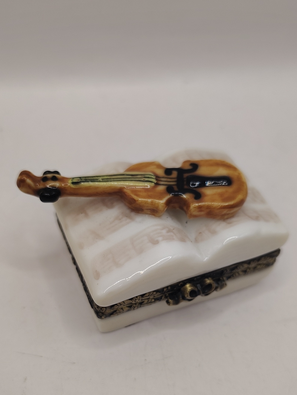 Vintage Mini Ceramic Trinket Box - Brown Violin on White Book